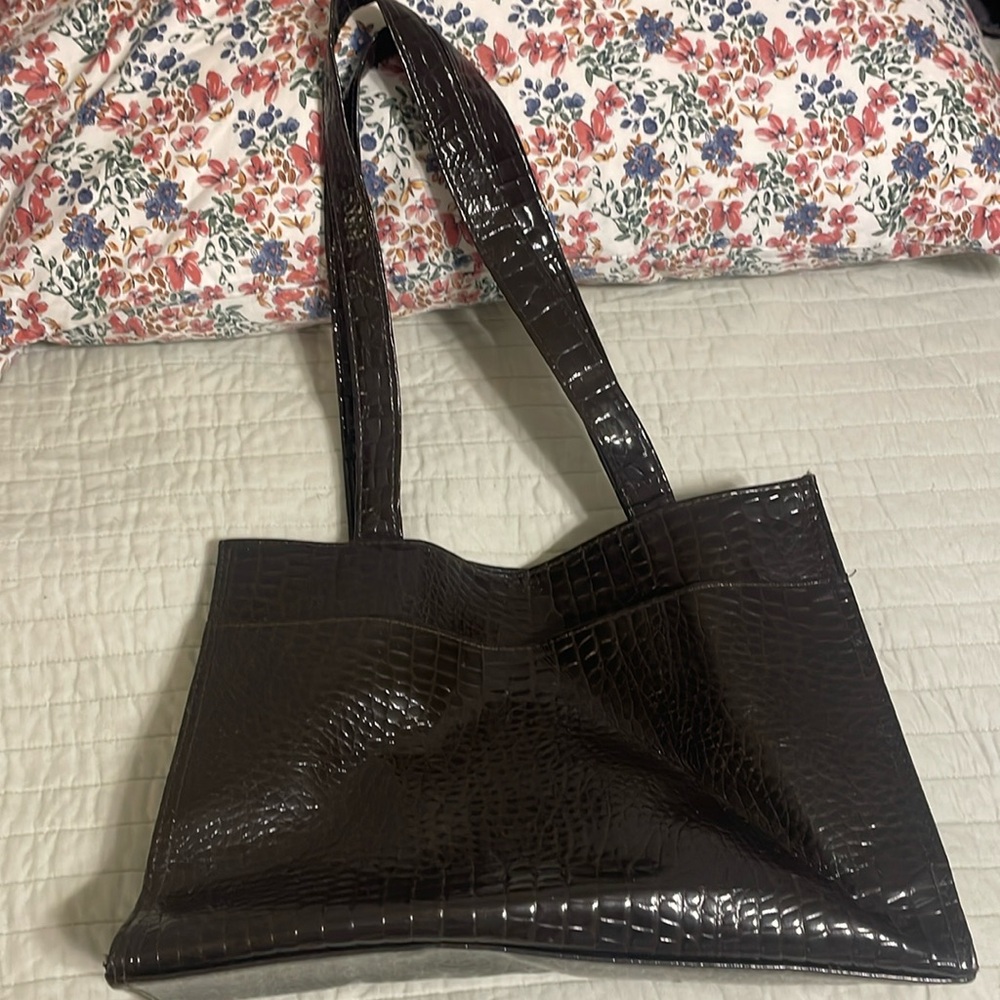 Brown crocodile print purse; no brand